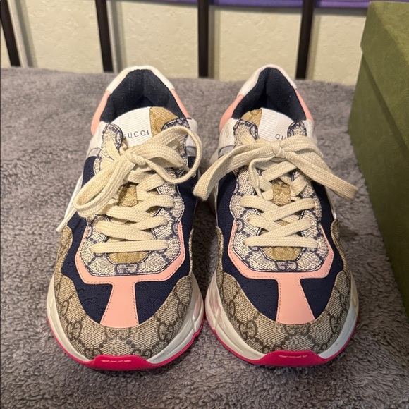 Gucci Beige and Pink Lace-Up Sneakers - Picture 1 of 8
